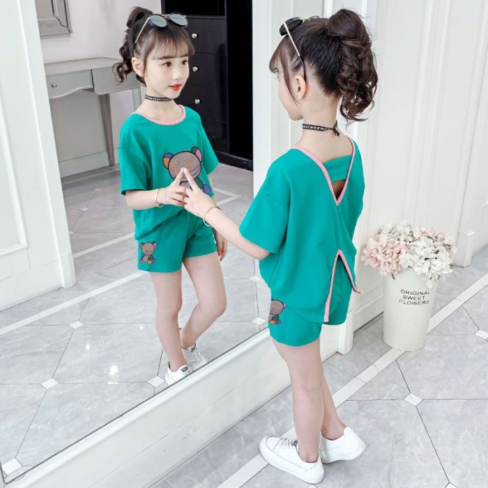 Jual TZ11-256 setelan baju anak perempuan motif beruang atasan backless ...